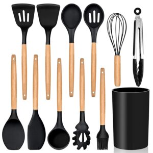 12-Piece Silicone Cooking Utensils Set | Heatproof Nonstick Kitchen Tools with Wooden Handles | Spatula Spoon Turner Whisk Tongs Ladle Brush Skimmer & Holder (Black, Pack of 1)