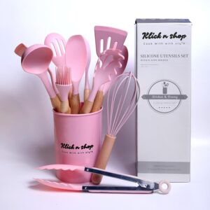 Premium Silicone Kitchen Spatula Set for Cooking | Heat Resistant Spatula for Non Stick Pan with Wooden Handle & Holder | Steel Core Silicone Spatula | Non-Stick Kitchen Utensils Set (12 Pcs)
